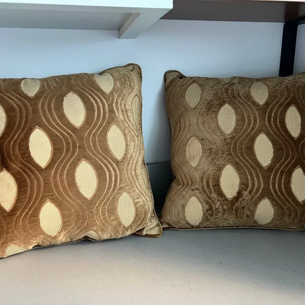 Mid-Century Vintage Velvet Gold Cat Eye Pattern Down Feather Pillows, Set of 2